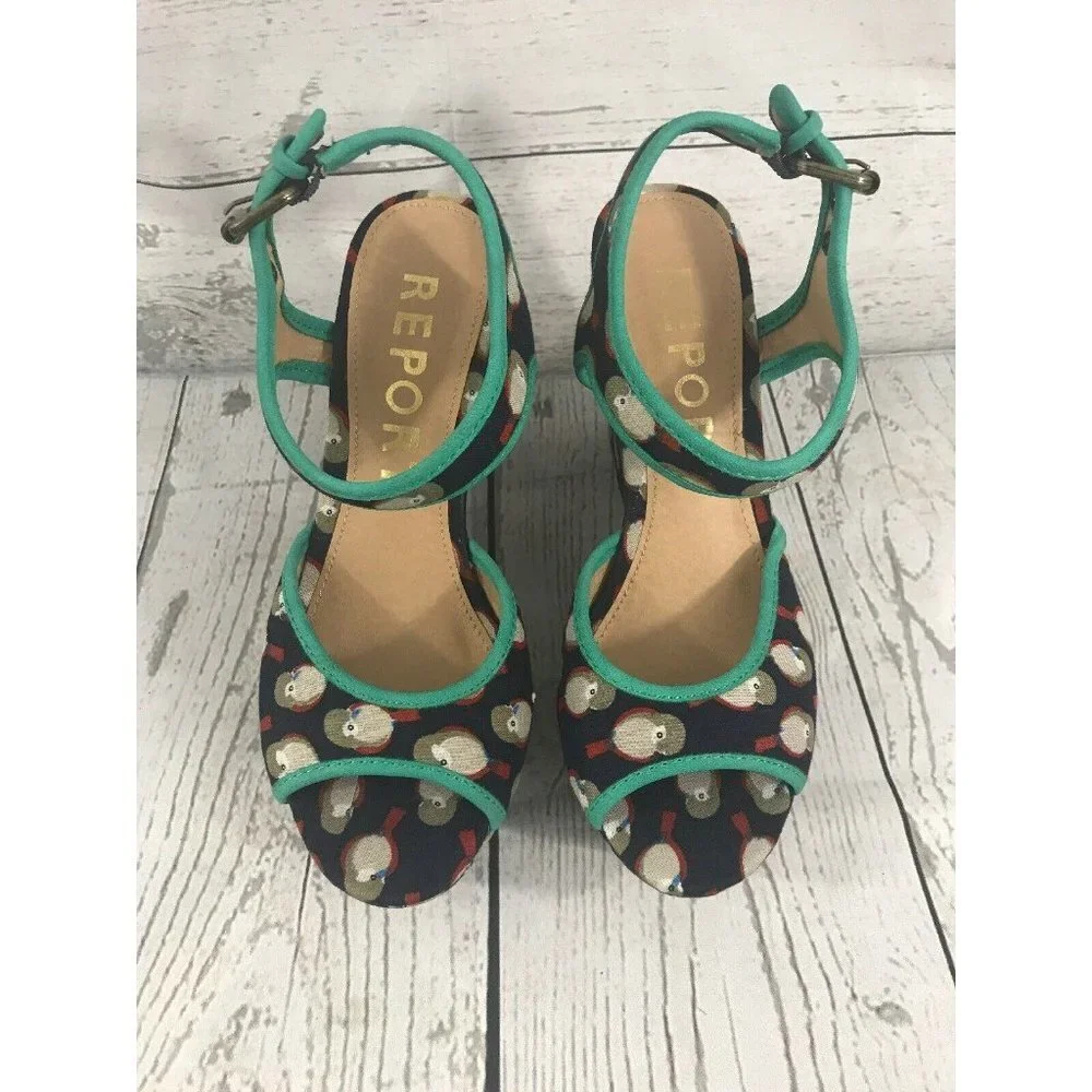 Report SHALA Navy Blue Bird Wedge Heel Sandals